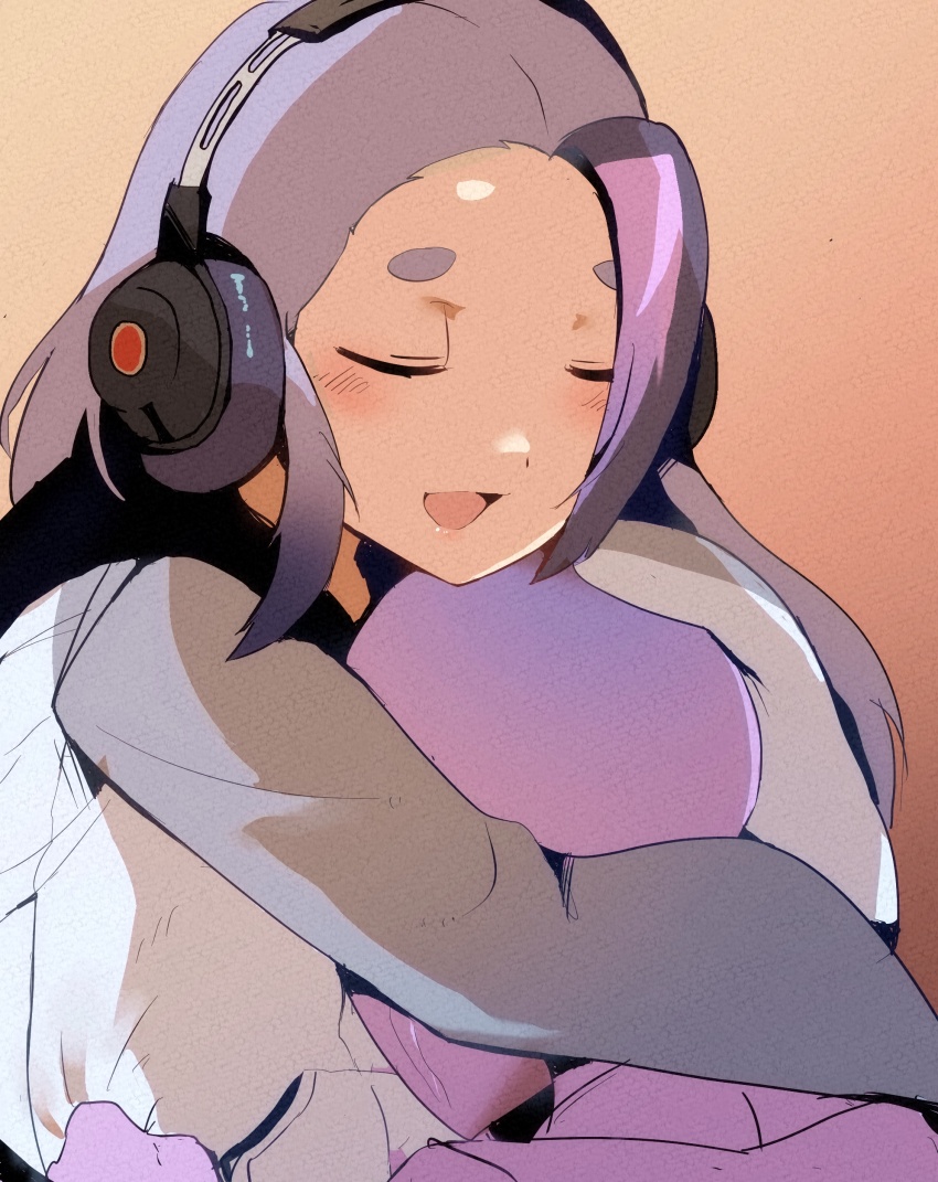 1boy 1girl absurdres blush closed_eyes giant_penguin_(kemono_friends) gloves headphones highres hood hoodie hug hugging_another&#039;s_head kemono_friends kemono_friends_3 long_hair open_mouth orange_background penguin_girl purple_hoodie riri_(dgra3272) shirt simple_background tears upper_body very_long_hair