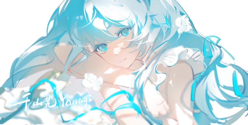 artist_name blue_bow blue_eyes blue_hair bow closed_mouth dress eyelashes flower frills hair_between_eyes hair_ornament head_on_arm highres light_smile long_hair looking_at_viewer original ribbon_hair sidelocks simple_background sunlight upper_body white_background white_dress white_flower yanxiaoyanyan490