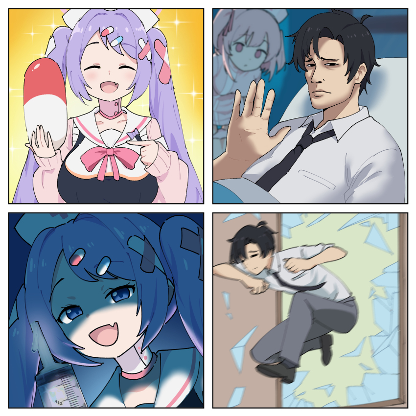 1boy 2girls absurdres ai-generated_art_(topic) ai_angry_doctor_mario_(meme) ai_angry_dr._mario_(meme) autodefenestration bandaid bandaid_hair_ornament black_necktie blue_archive breaking_through_window closed_eyes glass_shards hair_ornament hanae_(blue_archive) hand_up hat highres holding lying meme multiple_girls necktie nurse nurse_cap one_side_up parallelrey pill pill_hair_ornament pink_hair purple_hair sensei_(blue_archive) sensei_(blue_archive_the_animation) serina_(blue_archive) syringe under_covers