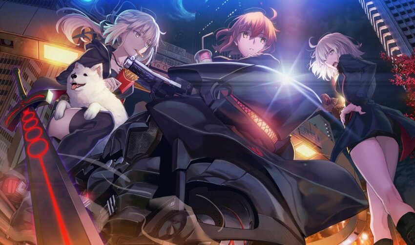 3girls ahoge aora artoria_pendragon_(fate) black_camisole black_dress black_jacket black_ribbon black_shorts blonde_hair blue_coat boots breasts building burger camisole cavall_ii_(fate) cityscape coat cup dark_persona disposable_cup dog dress drinking_straw excalibur_morgan_(fate) fast_food fate/grand_order fate_(series) food french_fries from_below fujimaru_ritsuka_(female) fujimaru_ritsuka_(female)_(royal_brand) fur-trimmed_coat fur_trim grey_hair hair_ribbon holding holding_burger holding_food jacket jeanne_d&#039;arc_alter_(avenger)_(fate) jeanne_d&#039;arc_alter_(fate) jeanne_d&#039;arc_alter_(ver._shinjuku_1999)_(fate) jewelry large_breasts leaf long_hair long_sleeves low_ponytail motor_vehicle motorcycle multiple_girls necklace night night_sky official_alternate_costume one_side_up open_clothes open_coat open_jacket orange_eyes orange_hair outdoors parody planted planted_sword planted_weapon ponytail ribbon saber_alter saber_alter_(ver._shinjuku_1999) saber_alter_(ver._shinjuku_1999)_(fate) samoyed_(dog) short_dress short_hair short_shorts shorts sidelocks sign sky skyscraper small_breasts style_parody sword takeuchi_takashi_(style) thigh_boots thighs translation_request tree weapon yellow_eyes