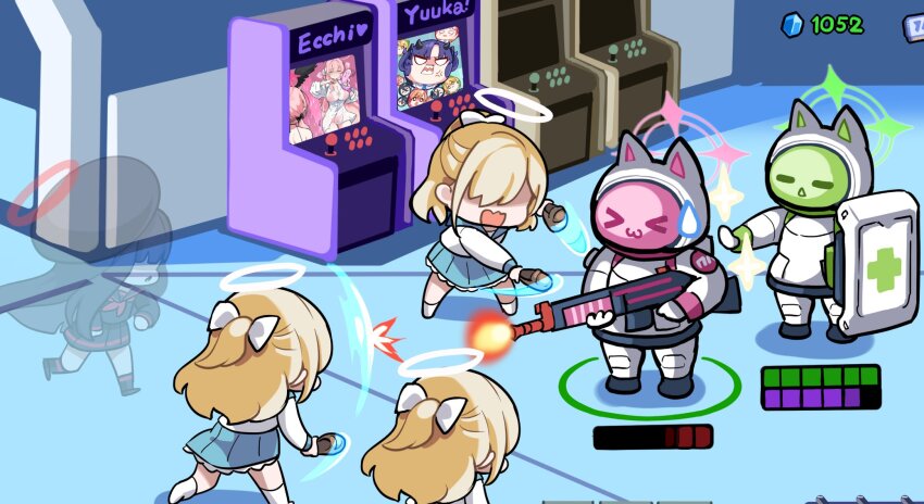 5girls 6+girls arcade_cabinet aris_(blue_archive) armor battle_rifle beret black_hair black_hat blonde_hair blue_archive bow closed_eyes fake_screenshot green_halo gun h&amp;k_g3 hair_bow half_updo halo hanako_(blue_archive) hanako_(swimsuit)_(blue_archive) hat health_bar highres hm_(hmongt) holding holding_gun holding_shield holding_weapon justice_task_force_member_(blue_archive) kei_(blue_archive) koharu_(blue_archive) koharu_(swimsuit)_(blue_archive) long_hair long_sleeves marine_(starcraft) medic_(starcraft) meme midori_(blue_archive) momoi_(blue_archive) multiple_girls neru_(blue_archive) parody pink_halo power_armor red_halo rifle school_uniform serafuku shield shikairo_days_dance_(meme) siblings sisters starcraft trinity_student_(blue_archive) twins weapon white_bow white_halo yuuka_(blue_archive) yuzu_(blue_archive)