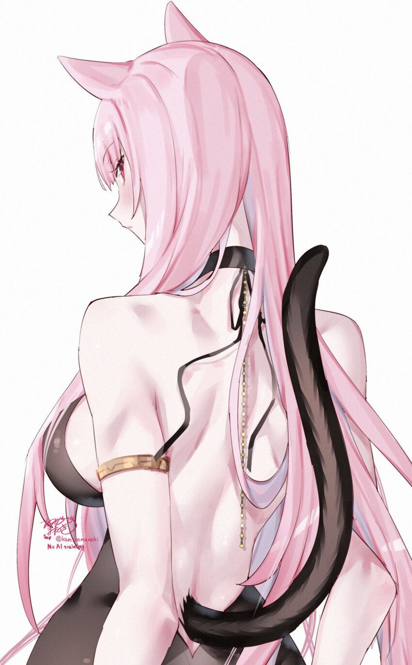 1girl animal_ears back backless_outfit bare_back bare_shoulders breasts cat_ears cat_girl cat_tail cleavage dress extra_ears from_behind highres hololive hololive_english kamiya_maneki kemonomimi_mode large_breasts long_hair looking_at_viewer looking_back mori_calliope mori_calliope_(1st_costume) pink_eyes pink_hair red_eyes sideboob smile solo tail virtual_youtuber white_background