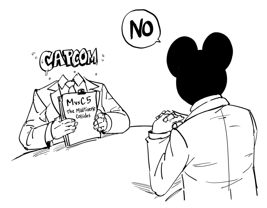 2others absurdres bb_(baalbuddy) business_suit capcom copyright_name disney english_text formal_clothes highres logo looking_at_viewer multiple_others no paper paperwork rejection speech_bubble suit sweat table