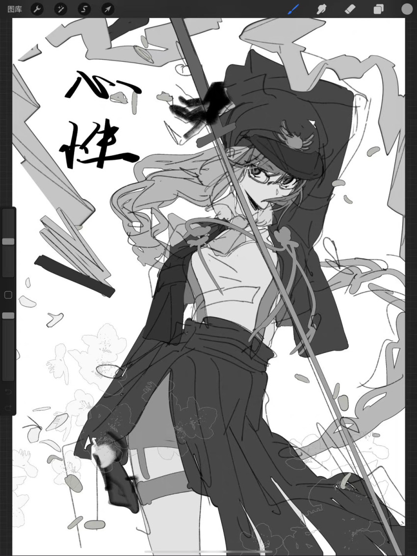 1girl akafuyu_(arknights) akafuyu_(temperament)_(arknights) arknights arm_up art_program_in_frame bespectacled chinese_commentary commentary_request expressionless glasses hat highres holding holding_sword holding_weapon jacket kumatangent looking_at_viewer monochrome official_alternate_costume official_alternate_hairstyle open_clothes open_jacket sketch solo sword text_background translation_request weapon