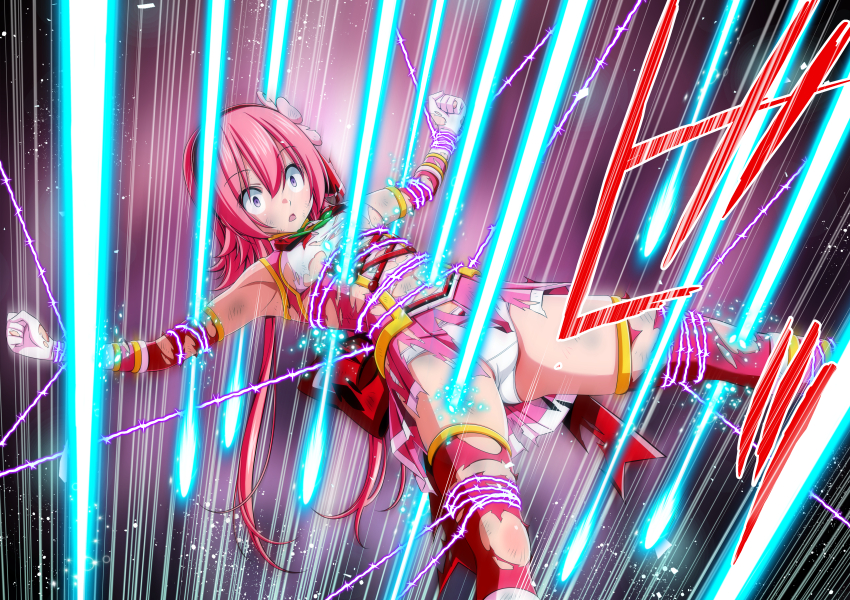 1girl absurdres armpits back_bow barbed_wire beaten blush body_blush bound bound_arms bound_legs bound_thighs bound_torso bound_wrists bow breasts brooch bruise bruise_on_arm bruise_on_face bruise_on_leg bruise_on_stomach clenched_hands clenched_teeth clover clover_rose collared_dress constricted_pupils cowboy_shot detached_sleeves dirty dirty_clothes dress energy_beam eyebrows_hidden_by_hair feet_out_of_frame flower four-leaf_clover gloves hair_flower hair_ornament hairband hanging highres immobilization injury jewelry koeda0111 lace lace-trimmed_dress lace_trim laser long_sidelocks lying magical_girl miniskirt motion_lines multicolored_dress multicolored_skirt navel on_back one_eye_closed original outstretched_arms pain panties pantyshot peril pink_dress pink_hair pink_skirt pleated_skirt purple_background red_bow red_brooch red_hairband restrained ryona scared scratches short_dress short_hair_with_long_locks sidelocks skirt sleeveless sleeveless_dress small_breasts spread_arms spread_legs suspension teeth thighhighs tied_up_(nonsexual) torn torn_bow torn_clothes torn_dress torn_skirt torn_sleeves torn_thighhighs trembling underwear utsugi_chisaki very_long_sidelocks violence white_panties wince yotsuba_no_senki_clover_rose zettai_ryouiki