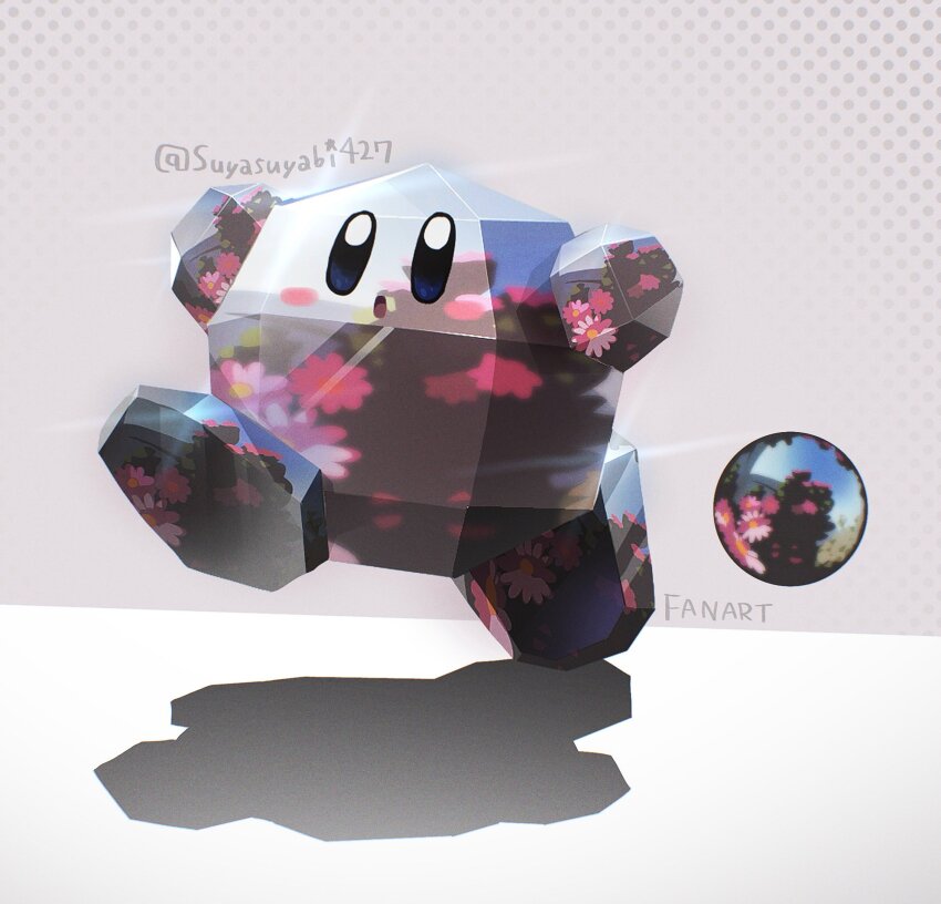 :o blue_eyes collar copy_ability highres kirby kirby_(series) mario mario_(series) metal_collar metal_mario nintendo no_humans open_mouth reflection solo standing standing_on_one_leg suyasuyabi twitter_username white_background