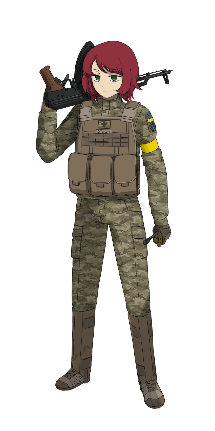 1boy absurdres aks-74u ammunition_pouch armband assault_rifle black_cat03 black_gloves boots brown_boots camouflage camouflage_jacket camouflage_pants camouflaged_flag carrying_over_shoulder combat_boots commission commissioner_upload cross-laced_footwear expressionless gloves green_eyes gun high_collar highres holding holding_gun holding_walkie-talkie holding_weapon international_legion_of_ukraine jacket kalashnikov_rifle kenneth_del_duca looking_afar medium_hair military_combat_uniform military_uniform name_tag non-web_source original over_shoulder pants pouch red_hair rifle russo-ukrainian_war swiss_flag switzerland transparent transparent_background trap turtleneck ukraine ukrainian_flag walkie-talkie weapon weapon_over_shoulder yellow_armband