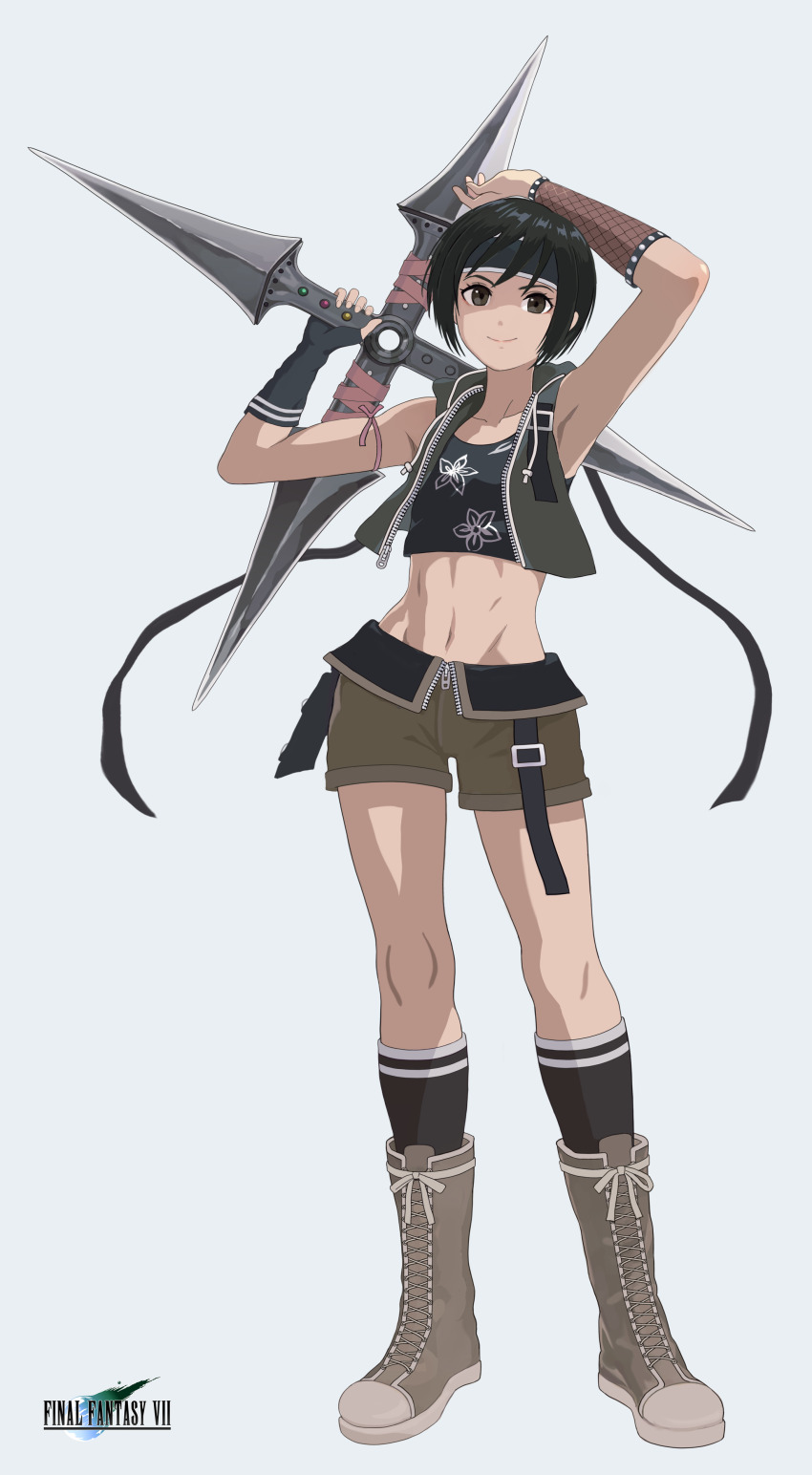 1girl abs absurdres arm_ribbon armpits arms_up belt black_gloves black_hair black_headband black_ribbon black_shirt black_socks black_vest bob_cut boots brown_belt brown_boots brown_eyes closed_mouth copyright_name crop_top cropped_vest final_fantasy final_fantasy_vii final_fantasy_vii_advent_children fingerless_gloves floral_print full_body gloves hair_ribbon headband highres holding holding_weapon hood hood_down hooded_vest hoodie huge_weapon kneehighs lace-up_boots looking_at_viewer midriff navel okken open_clothes open_vest partially_unzipped pink_ribbon ribbon shirt short_hair shuriken simple_background single_bracer single_glove sleeveless sleeveless_shirt smile socks solo standing strap toned toned_female vest weapon white_background yuffie_kisaragi