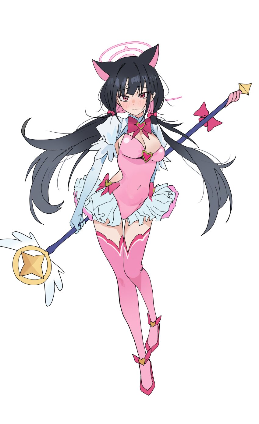 1girl absurdres alternate_costume alternate_hair_length alternate_hairstyle animal_ears black_hair blue_archive blush bow breasts cat_ears cat_girl cleavage closed_mouth colored_inner_animal_ears colored_inner_hair commentary elbow_gloves extra_ears gloves halo highres kazusa_(blue_archive) leotard long_hair looking_at_viewer low_twintails magical_girl medium_breasts multicolored_hair pink_bow pink_hair pink_halo pink_leotard pink_shoes pink_thighhighs riel_(rielilu) shoes shrug_(clothing) sidelocks solo thighhighs twintails two-tone_hair white_gloves white_shrug