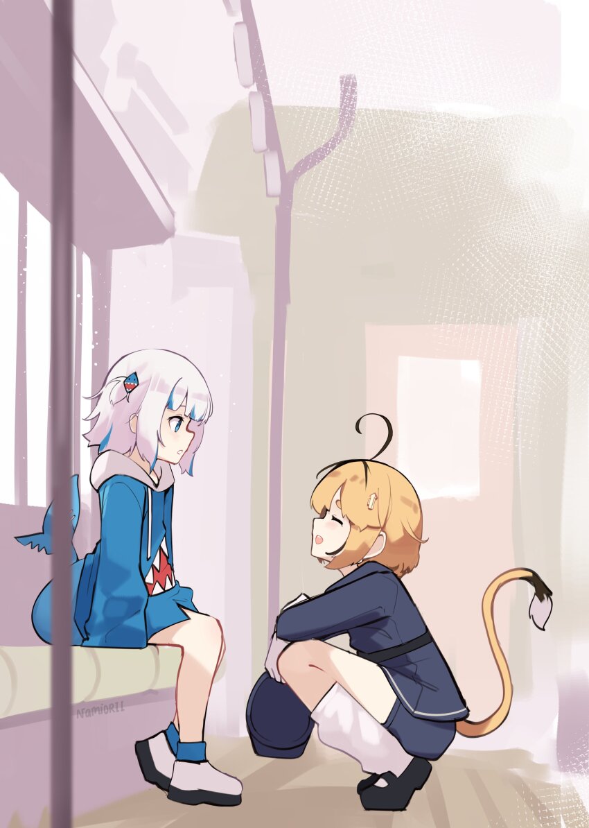 2girls absurdres ahoge black_hair black_shoes blonde_hair blue_eyes blue_hair blue_hoodie closed_eyes closed_mouth commentary dooby_(vtuber) english_commentary fins fish_tail gawr_gura gawr_gura_(1st_costume) highres hololive hololive_english hood hoodie indie_virtual_youtuber jerboa_tail medium_hair multicolored_hair multiple_girls namiorii open_mouth shark_girl shark_tail shoes smile socks streaked_hair tail thighs two-tone_hair virtual_youtuber white_hair white_shoes white_socks yellow_tail