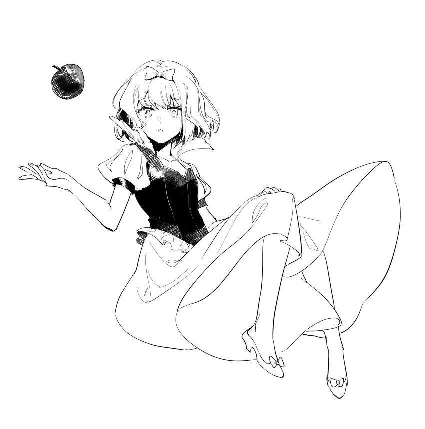 1girl :o absurdres apple bow cosplay cristallo food footwear_bow fruit full_body greyscale hair_bow highres invisible_chair long_skirt looking_at_viewer monochrome puffy_short_sleeves puffy_sleeves reverse:1999 shirt shoes short_sleeves sitting skirt snow_white_(disney) snow_white_(disney)_(cosplay) snow_white_and_the_seven_dwarfs solo walluka white_background