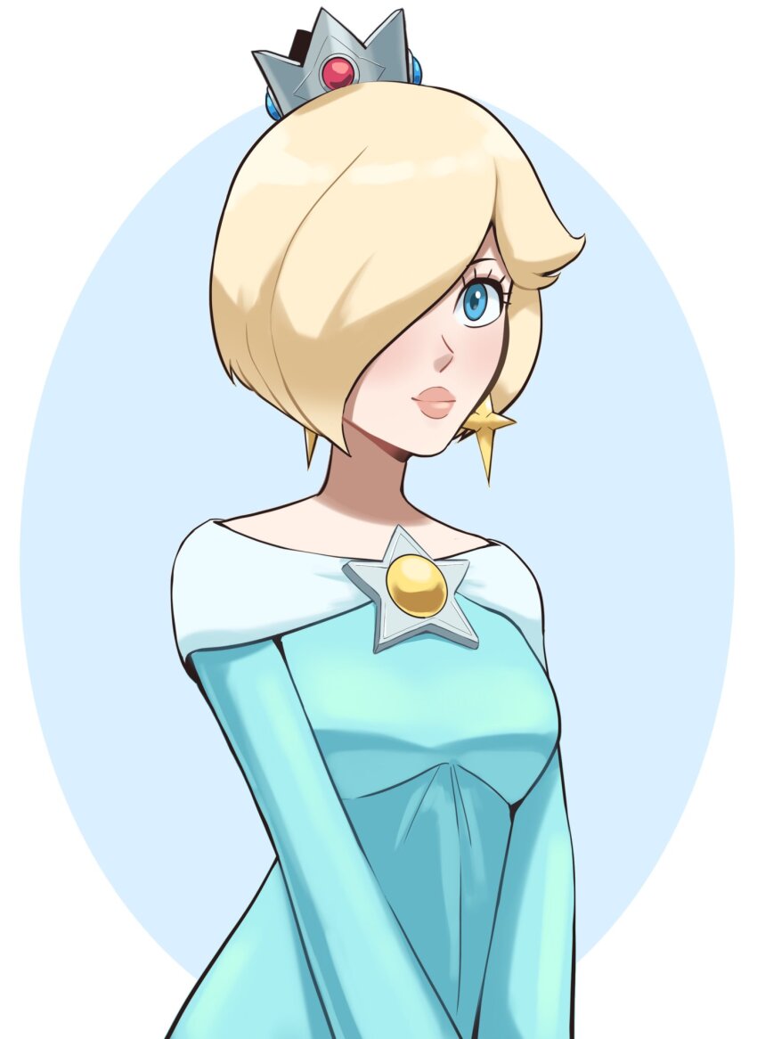 1girl alternate_hair_length alternate_hairstyle blue_dress blue_eyes blush breasts crown dress earrings francisco_mon hair_over_one_eye highres jewelry light_smile looking_ahead mario_(series) medium_breasts nintendo off-shoulder_dress off_shoulder one_eye_covered pink_lips rosalina short_hair solo star_(symbol) super_mario_galaxy thick_lips upper_body