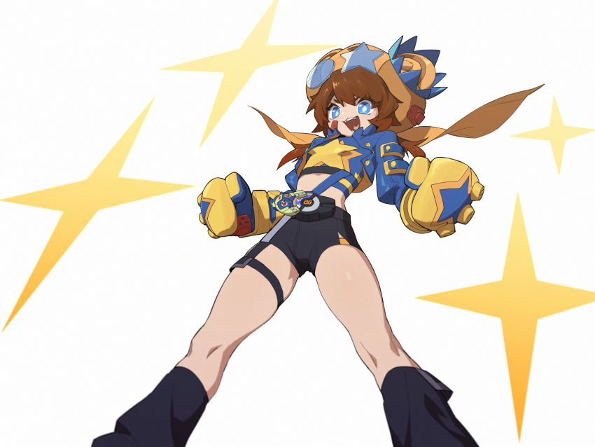 1girl animal_ears bear_ears bike_shorts black_footwear blue_eyes boxing_gloves brown_hair cropped_jacket crown desire_driver rider_belt fang genderswap genderswap_(mtf) goz-zz hat highres kamen_rider kamen_rider_geats_(series) kamen_rider_punkjack midriff monster_buckle open_mouth raise_buckle rider-tan short_hair shorts smile solo star_(symbol) strap thigh_strap white_background