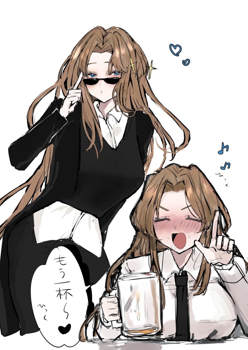 1girl alcohol beer beer_glass blue_eyes blush breast_rest breasts breasts_on_table brown_hair closed_eyes drunk highres index_finger_raised jacket limbus_company long_hair long_sleeves messy_hair molar_office_(identity)_(project_moon) musical_note necktie project_moon rodion_(project_moon) shirt solo spoken_musical_note star_(symbol) sunglasses sweater_vest white_shirt zwei_association_south_uniform