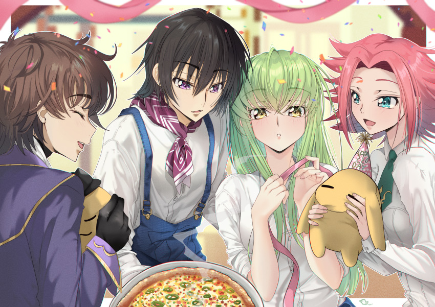 2boys 2girls ^_^ absurdres alternate_costume aqua_eyes birthday black_gloves black_hair blue_overalls blurry blurry_background blush brown_hair budgiepon c.c. c.c._day casual cheese-kun closed_eyes code_geass collared_shirt commentary confetti crossed_bangs dress_shirt eyes_visible_through_hair fingernails food gloves green_hair green_necktie hair_between_eyes hands_up happy happy_birthday hat highres holding holding_ribbon holding_stuffed_toy holding_tray indoors kouzuki_kallen kururugi_suzaku lelouch_vi_britannia long_hair long_sleeves looking_at_another looking_at_viewer medium_hair multiple_boys multiple_girls necktie nose open_mouth overalls parted_bangs parted_lips party party_hat pink_hair pink_ribbon pizza profile purple_eyes ribbon shirt short_hair short_necktie sidelocks sleeves_rolled_up smile steam straight_hair stuffed_toy tray very_long_hair white_shirt yellow_eyes
