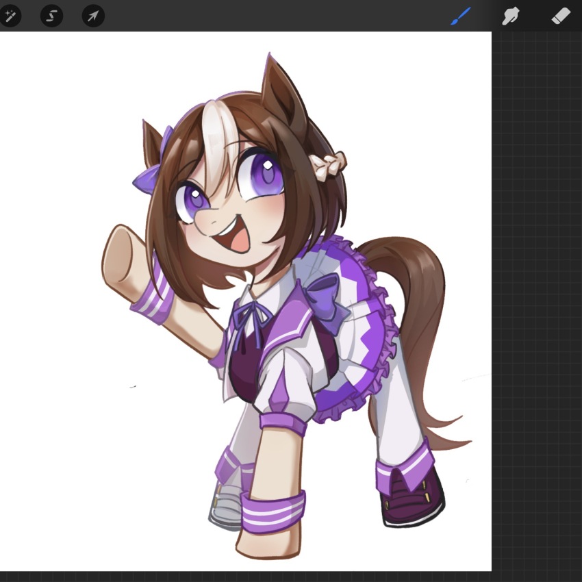 animal animal_focus animalization arm_up art_program_in_frame blush braid brown_hair chinese_commentary clothed_animal commentary_request half_up_braid highres hooves horse looking_at_viewer multicolored_hair my_little_pony my_little_pony:_friendship_is_magic no_humans pony_(animal) procreate_(medium) procreate_(software) purple_eyes recursive_animalization school_uniform short_hair simple_background skirt smile solo special_week_(umamusume) standing streaked_hair summer_uniform tail tracen_school_uniform umamusume white_background white_skirt yuxiangmuer