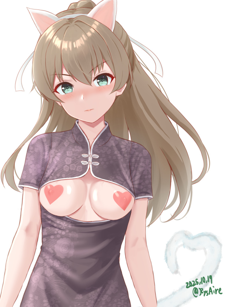 1girl ame-san animal_ear_hairband animal_ears aqua_eyes blush breasts brown_hair china_dress chinese_clothes cleavage_cutout clothing_cutout commentary_request covered_erect_nipples dated dress fake_animal_ears hairband heart_pasties highres kantai_collection kumano_(kancolle) long_hair looking_at_viewer pasties ponytail print_dress short_sleeves simple_background solo twitter_username upper_body white_background