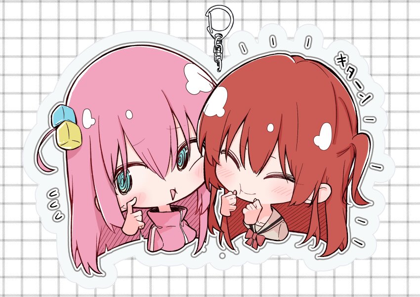2girls :t @_@ ^_^ absurdres aomoringo blue_eyes blush bocchi_the_rock! bow bowtie charm_(object) cheek-to-cheek clenched_hands closed_eyes commentary_request cropped_shoulders cube_hair_ornament deformed flying_sweatdrops gotoh_hitori grid_background hair_ornament heads_together highres jacket kita_ikuyo multiple_girls one_side_up outline pink_hair pink_jacket red_bow red_bowtie red_hair sailor_collar simple_background white_outline