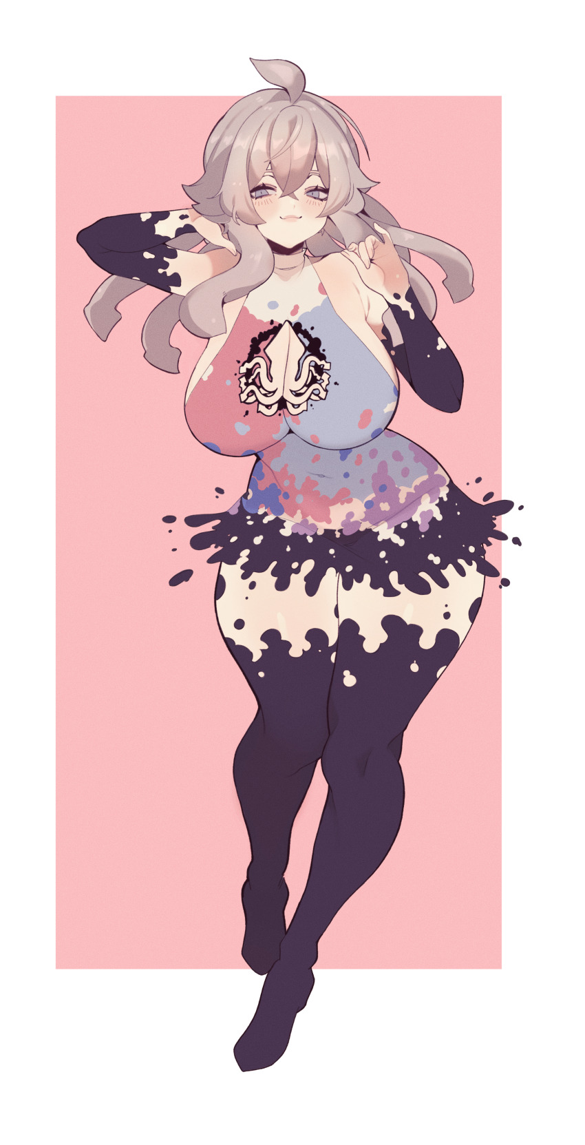 1girl absurdres ahoge blue_eyes bodypaint breasts chumu_(teuthidan) cleavage_cutout clothing_cutout commission commissioner_upload dress grey_hair highres large_breasts looking_at_viewer original smile solo tentacle_hair thick_thighs thighhighs thighs yoshiikirablr