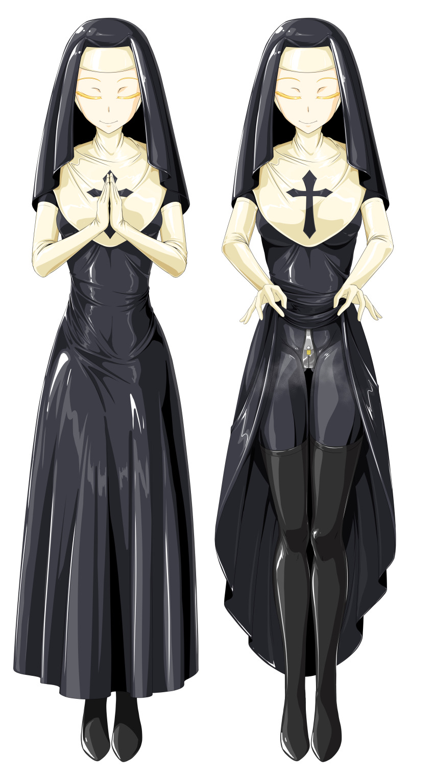 1girl absurdres black_bodysuit bodysuit chastity_belt closed_eyes clothes_lift colored_eyelashes commentary_request cross cross_print dress dress_lift full_body habit highres latex latex_bodysuit nun original own_hands_together shiny_clothes skin_tight smile standing tamakko thighhighs variations white_background
