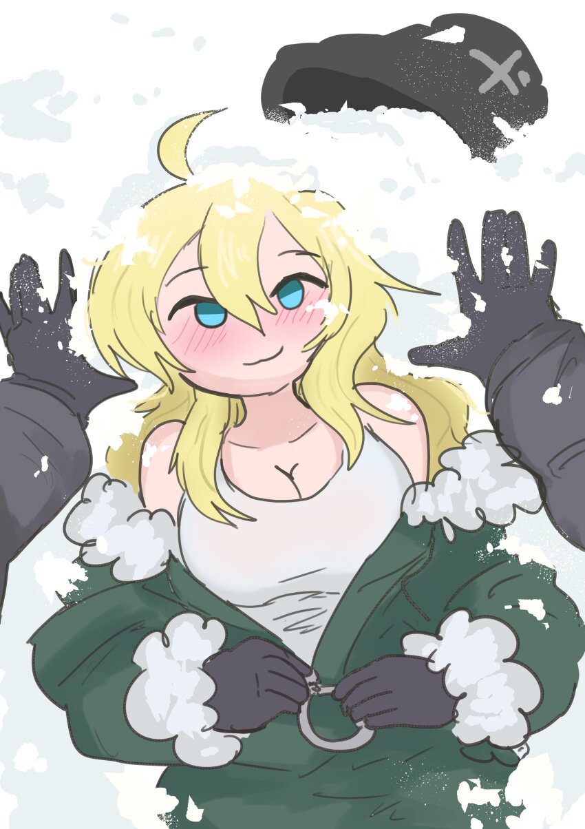 1girl absurdres beckoning blonde_hair blue_eyes blush breasts cleavage come_hither fur_trim highres jacket japvs large_breasts long_hair long_sleeves looking_at_viewer lying military_uniform naughty_face on_back pov pov_hands seductive_smile shoujo_shuumatsu_ryokou singlet smile snow solo undressing yuuri_(shoujo_shuumatsu_ryokou)