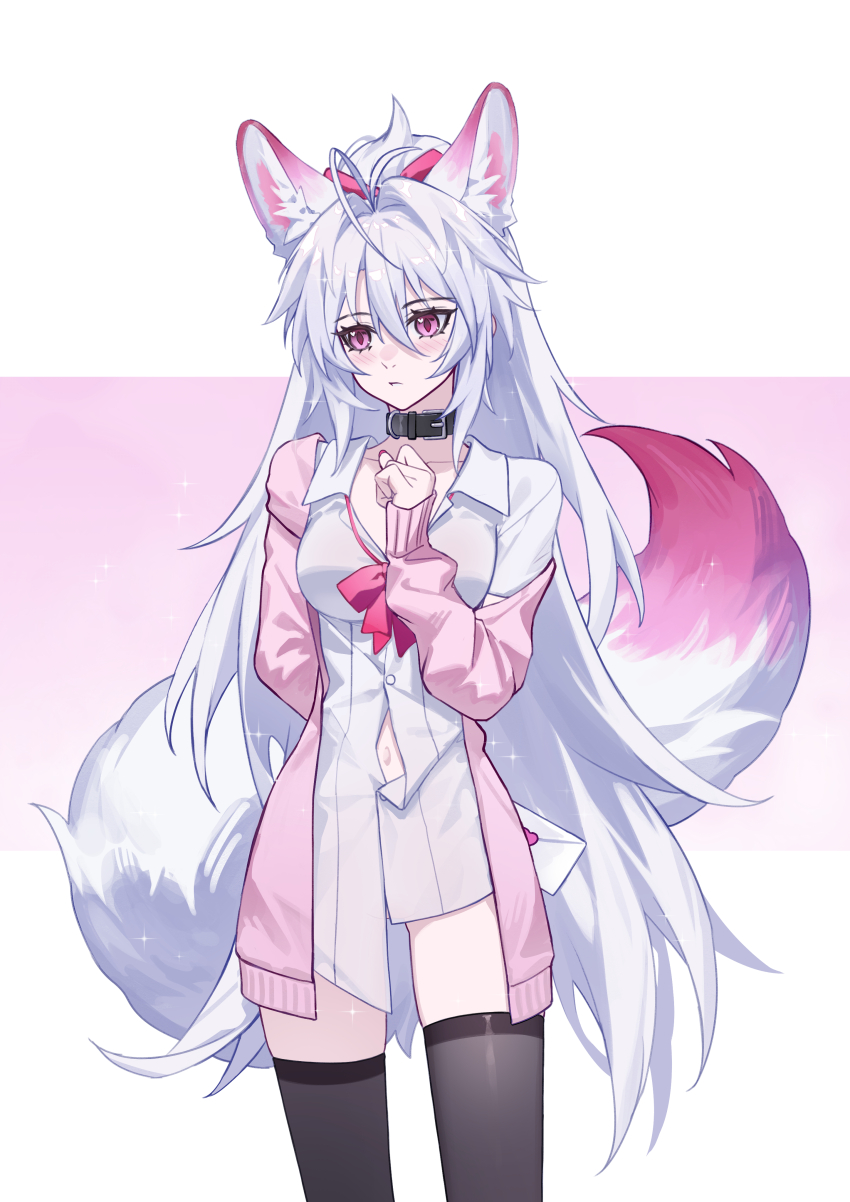 1girl absurdres animal_ear_fluff animal_ears averting_eyes belt_collar black_thighhighs blush bottomless bow bowtie breasts cardigan closed_mouth collar collarbone collared_shirt commentary cowboy_shot envelope extra_ears fingernails fox_ears fox_girl fox_tail hair_between_eyes hair_intakes hand_up highres holding holding_behind_back holding_envelope large_breasts long_hair long_sleeves luo_shun_yao meng_xi_xuan nail_polish navel open_cardigan open_clothes original pink_bow pink_bowtie pink_cardigan pink_eyes pink_nails revision see-through_clothes see-through_shirt shirt sidelocks simple_background solo tail thighhighs thighs very_long_hair white_background white_hair white_shirt