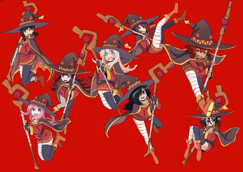 6+girls absurdres bambi2000line bandaged_leg bandages belt black_gloves black_hair black_thighhighs bleach bocchi_the_rock! boots brown_cape brown_hair brown_hat button_eyes buttons cape chainsaw_man character_request child commentary_request cosplay crossover dark-skinned_female dark_skin dress fingerless_gloves full_body gloves gotoh_hitori green_eyes gundam gundam_suisei_no_majo hair_ornament hairclip hat higashiyama_kobeni highres holding holding_staff kishimen_hair knees_to_chest komari_chika kono_subarashii_sekai_ni_shukufuku_wo! kuroki_tomoko long_hair long_sleeves looking_at_viewer mage_staff make_heroine_ga_oo_sugiru! megumin megumin_(cosplay) messy_hair mole mole_under_eye multiple_crossover multiple_girls onii-chan_wa_oshimai! open_mouth orange_boots oyama_mahiro pink_hair purple_hair red_background red_dress red_hair short_hair single_thighhigh staff suletta_mercury thick_eyebrows thighhighs tsumiki_mikan tsumugiya_ururu watashi_ga_motenai_no_wa_dou_kangaetemo_omaera_ga_warui! witch_hat yellow_eyes