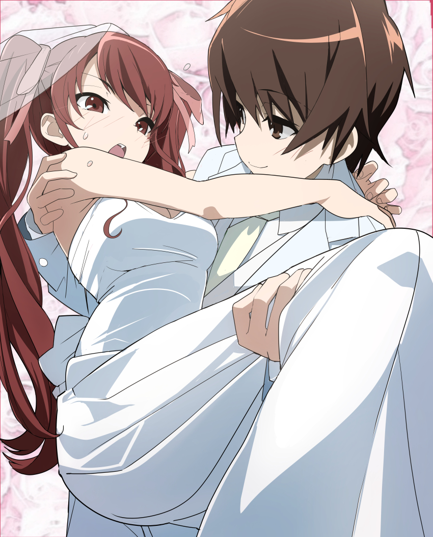 1boy 1girl absurdres akazawa_izumi another bare_arms bare_shoulders breasts bridal_veil brown_eyes brown_hair carrying cleavage closed_mouth commentary_request commission dress formal_clothes highres jacket long_hair looking_at_another medium_breasts open_mouth pink_background princess_carry sakakibara_kouichi short_hair skeb_commission smile suit teeth twintails upper_teeth_only veil wedding_dress wedding_suit white_dress white_jacket white_suit yorozu_(user_auaz7473)