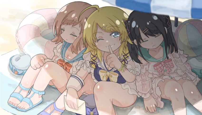 3girls absurdres ahoge ball beach beach_umbrella beachball bikini black_hair blanket blonde_hair blue_bikini blue_eyes blue_footwear blue_hat bow braid breasts day finger_to_mouth frilled_bikini frills hachimiya_meguru hair_flaps hair_ornament hairclip hand_on_own_knee hat highres holding holding_letter idolmaster idolmaster_shiny_colors illumination_stars_(idolmaster) index_finger_raised kazano_hiori legs letter light_blush light_brown_hair long_hair long_sleeves looking_at_viewer low_twin_braids medium_breasts medium_hair multiple_girls one_eye_closed orange_bow outdoors pink_bikini pink_bow puffy_short_sleeves puffy_sleeves purple_footwear sakuragi_mano sandals see-through_clothes see-through_sleeves shadow shinya_hoiku short_sleeves shushing sidelocks sitting smile swim_ring swimsuit thighs twin_braids umbrella white_bikini wrist_cuffs yellow_bow