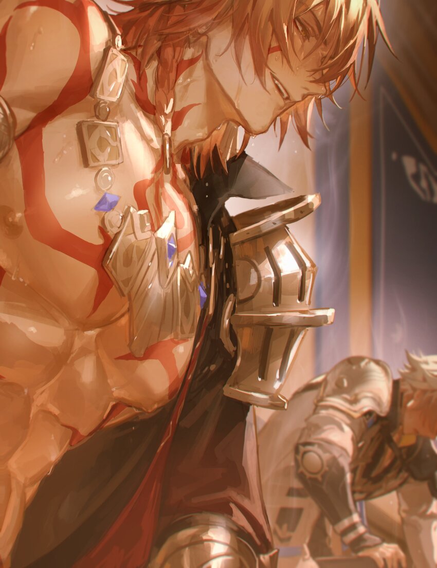 2boys abs absurdres armor bare_pectorals black_coat black_shirt blonde_hair braid chest_tattoo coat commentary_request facial_tattoo gold_necklace hair_between_eyes highres honkai:_star_rail honkai_(series) jewelry looking_to_the_side male_focus matuka10101 medium_hair multiple_boys mydei_(honkai:_star_rail) neck_tattoo necklace open_clothes open_coat open_mouth pauldrons pectorals phainon_(honkai:_star_rail) red_hair red_tattoo sauna shirt shoulder_armor side_braid single_pauldron sitting sweat tattoo toned toned_male white_coat white_hair yellow_eyes
