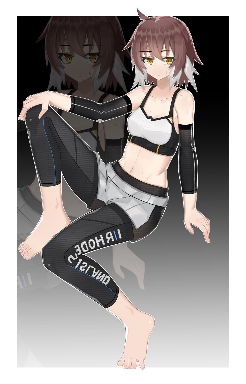 1girl absurdres ahoge arknights bare_shoulders bird_girl black_leggings blush bright_pupils brown_hair capri_pants compression_sleeve feather_hair feet hair_between_eyes highres leggings legs looking_at_viewer midriff multicolored_hair muusn navel pants plume_(arknights) plume_(easy_time)_(arknights) short_hair solo sports_bra sweat toes two-tone_hair white_hair white_pupils white_sports_bra yellow_eyes zoom_layer