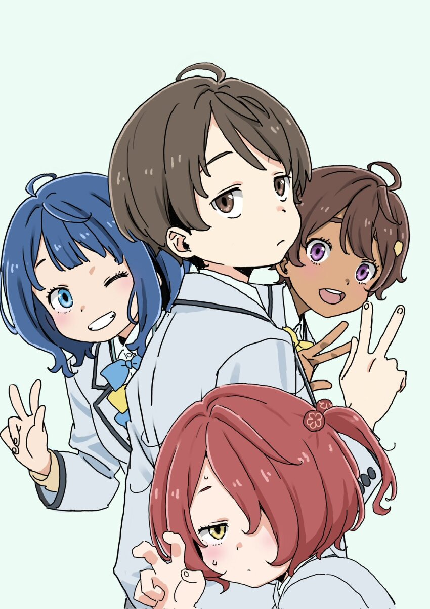 1boy 3girls ahoge black_eyes black_hair blazer blue_eyes blue_hair brown_hair commentary_request grey_jacket grin hair_bobbles hair_ornament highres jacket komari_chika make_heroine_ga_oo_sugiru! medium_hair multiple_girls nukumizu_kazuhiko one_side_up open_mouth purple_eyes round_teeth school_uniform short_hair smile teeth upper_body upper_teeth_only warder2013 winter_uniform yakishio_lemon yanami_anna yellow_eyes