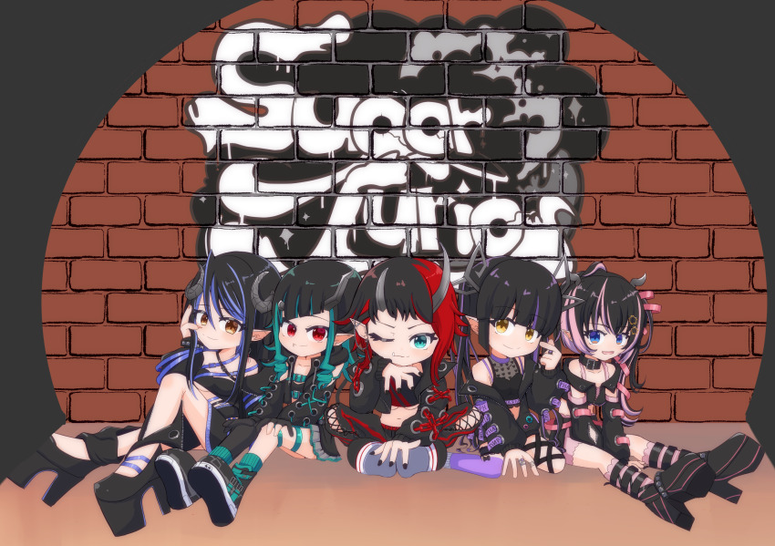 5girls belt belt_bra belt_collar black_belt black_gloves black_hair black_jacket black_pants black_ribbon black_shirt black_shoes black_skirt black_sports_bra black_thighhighs bloomers blue_belt blue_eyes blue_hair blunt_bangs breasts brick_wall brown_eyes chest_belt closed_mouth collar commentary_request cropped_jacket cropped_shirt cross-laced_pants curled_horns demon_girl demon_horns demon_tail fang flat_chest full_body gloves graffiti grey_horns hair_between_eyes hair_ribbon hand_on_own_cheek hand_on_own_chin hand_on_own_face hands_on_own_knees hebiyoi_tier hebiyoi_tier_(1st_costume) highres horns jacket kojo_anna kojo_anna_(1st_costume) leg_ribbon long_hair long_sleeves looking_at_viewer medium_breasts multicolored_hair multiple_girls nanashi_inc. navel off_shoulder oinomori_may oinomori_may_(1st_costume) one_eye_closed open_clothes open_jacket pants partially_fingerless_gloves pink_bloomers pink_hair pink_ribbon pink_socks pointy_ears purple_hair red_eyes ribbon rokusuke_nonaka ryugasaki_rene ryugasaki_rene_(1st_costume) shirt shishio_chris shishio_chris_(1st_costume) shoes single_thighhigh sitting skirt sleeveless sleeveless_shirt smile sneakers socks sports_bra sugar_lyric tail thigh_ribbon thighhighs twintails two-tone_hair underboob underwear virtual_youtuber yellow_eyes