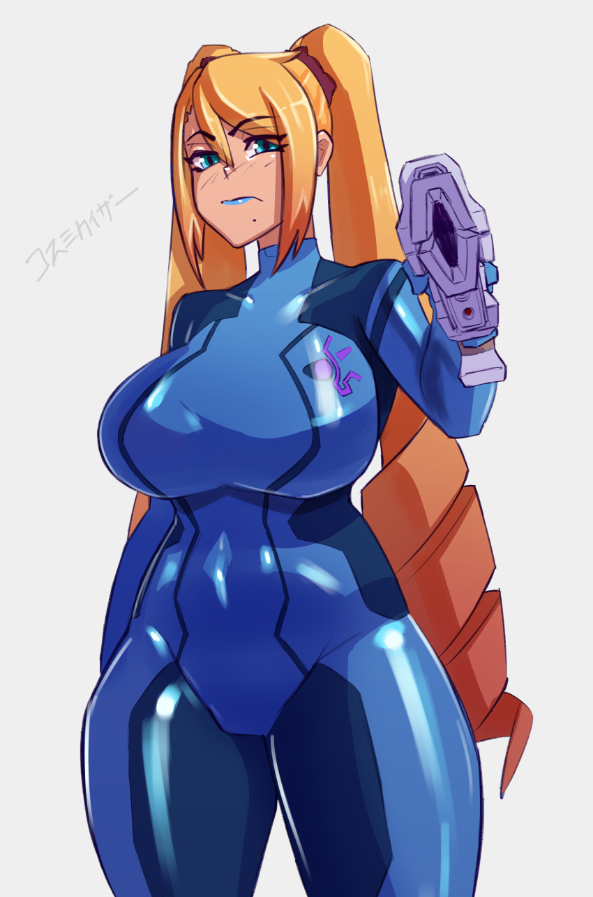 1girl absurdres aiming aiming_at_viewer alternate_breast_size alternate_hairstyle artist_name blonde_hair blue_bodysuit blue_eyes blue_lips bodysuit breasts commentary cosmikaizer english_commentary grey_background gun hair_behind_ear highres holding holding_gun holding_weapon huge_breasts long_hair looking_at_viewer metroid mole mole_under_mouth nintendo samus_aran simple_background skin_tight solo thick_thighs thighs twintails very_long_hair weapon zero_suit