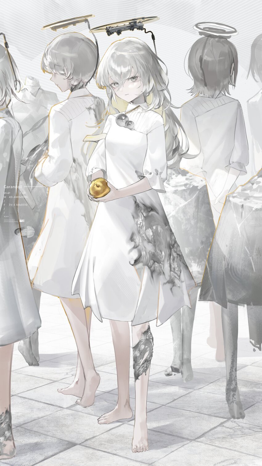 2girls 3others absurdres apple barefoot closed_mouth dress food fruit golden_apple grey_eyes hair_between_eyes halo highres holding holding_food holding_fruit long_hair looking_at_viewer mechanical_halo multiple_girls multiple_others original short_hair three-quarter_sleeves standing tmt white_dress white_hair