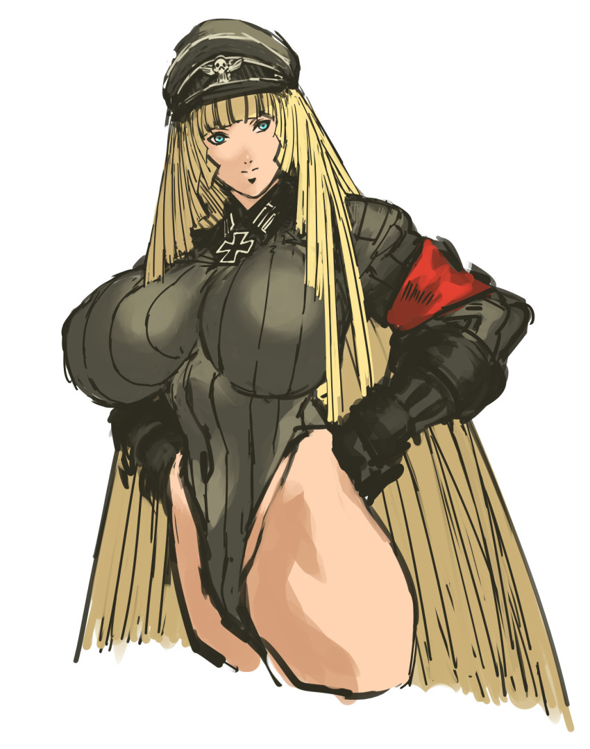 1girl armband blonde_hair blue_eyes breasts covered_navel cowboy_shot cropped_legs cross female_focus hands_on_own_hips hat highleg highleg_leotard highres huge_breasts iron_cross leotard long_hair military military_uniform nameo_(judgemasterkou) nazi ojou_(nameo) original peaked_cap solo very_long_hair