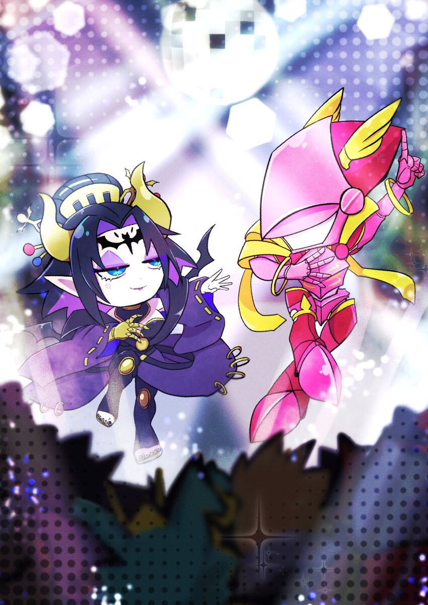 1girl 48mokopon absurdres armor black_bodysuit black_hair black_wings blue_eyes bodysuit chibi dancing demon_girl demon_horns demon_wings detached_sleeves digimon digimon_(creature) disco_ball eyeshadow facial_mark forehead_mark full_body hair_bun helmet highres horns knight lilithmon lordknightmon makeup pink_armor pink_helmet purple_eyeshadow purple_sleeves wings