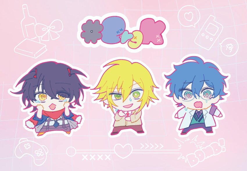 3boys aqua_sweater_vest armband black_hair blonde_hair blue_hair blue_pants brown_jacket brown_pants chibi coat full_body glasses green_eyes group_name hair_between_eyes heart heart-shaped_pupils highres jacket lab_coat leos_vincent leos_vincent_(1st_costume) male_focus mashiro_meme mashiro_meme_(1st_costume) multiple_boys necktie nijisanji open_clothes open_coat open_mouth pants pink_background purple_armband red_necktie red_scarf scarf school_uniform short_hair suspenders sweat symbol-shaped_pupils ume_nandemo uzuki_kou uzuki_kou_(3rd_costume) virtual_youtuber white_coat yellow_eyes