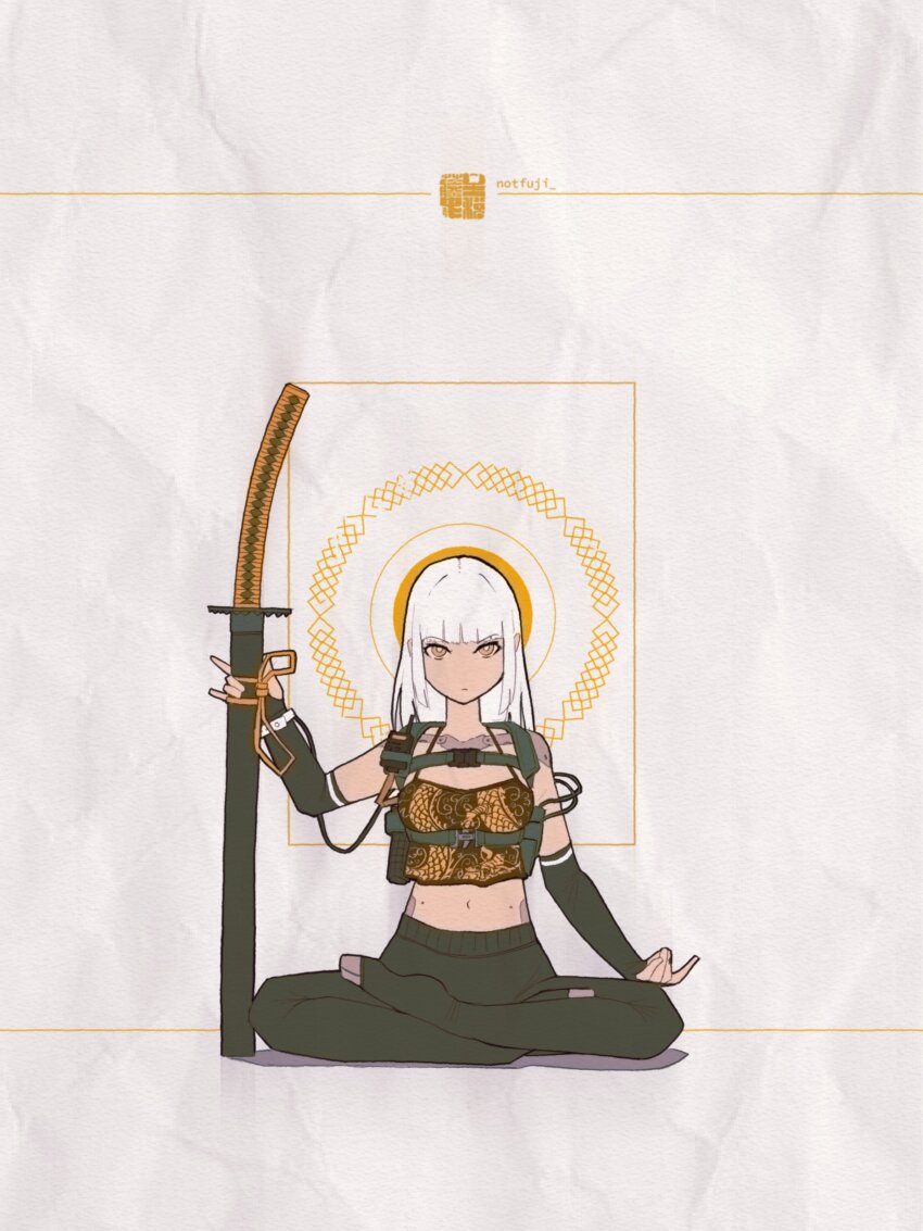 1girl absurdres artist_logo artist_name black_gloves black_thighhighs blunt_bangs bright_pupils chest_harness clothes_lift cyborg dragon_print elbow_gloves expressionless fingerless_gloves gloves harness highres holding holding_sword holding_weapon katana logo long_hair looking_at_viewer lotus_pod midriff navel notfuji original paper_texture shirt_lift sitting solo sword thighhighs walkie-talkie weapon white-framed_eyewear white_background white_pupils yellow_eyes