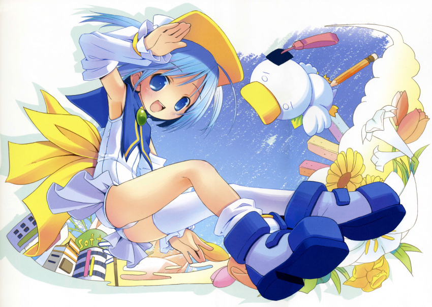 00s absurdres ahkun bird blue_eyes blue_hair duck flower hat highres moetan nijihara_ink official_art open_mouth pastel_ink pop smile
