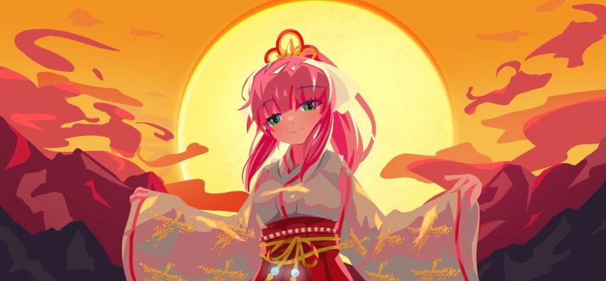 1girl aikawa_megumi cloud cloudy_sky dawn evanhehehe green_eyes hakama heaven_burns_red highres japanese_clothes long_hair miko official_alternate_costume official_alternate_hairstyle orange_sky pink_hair ponytail red_hakama sky smile solo