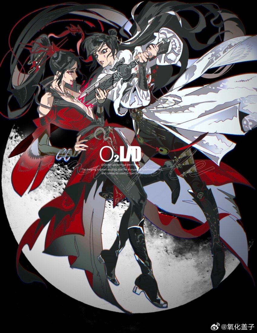 2girls bare_shoulders black_hair blood chinese_clothes death dress full_body hair_ornament han_jian_(weapon) hanfu highres holding holding_sword holding_weapon impaled injury jewelry long_hair long_sleeves multiple_girls original simple_background sword violence weapon white_hanfu yanghua_gaizi