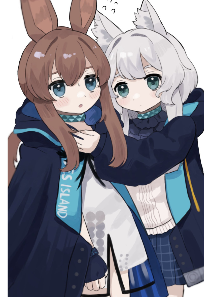 2girls :o amiya_(arknights) amiya_(arknights)_(cosplay) animal_ears arknights ascot blue_eyes blush brown_hair cat_ears cat_girl cloak closed_mouth commentary_request cosplay costume_switch cropped dress eyebrows_hidden_by_hair flying_sweatdrops grey_hair highres hood hood_down hooded_cloak hooded_jacket hug jacket long_hair miniskirt multiple_girls parted_lips ponytail rabbit_ears rabbit_girl rosmontis_(arknights) rosmontis_(arknights)_(cosplay) short_eyebrows skirt someyaya thick_eyebrows very_long_hair white_dress