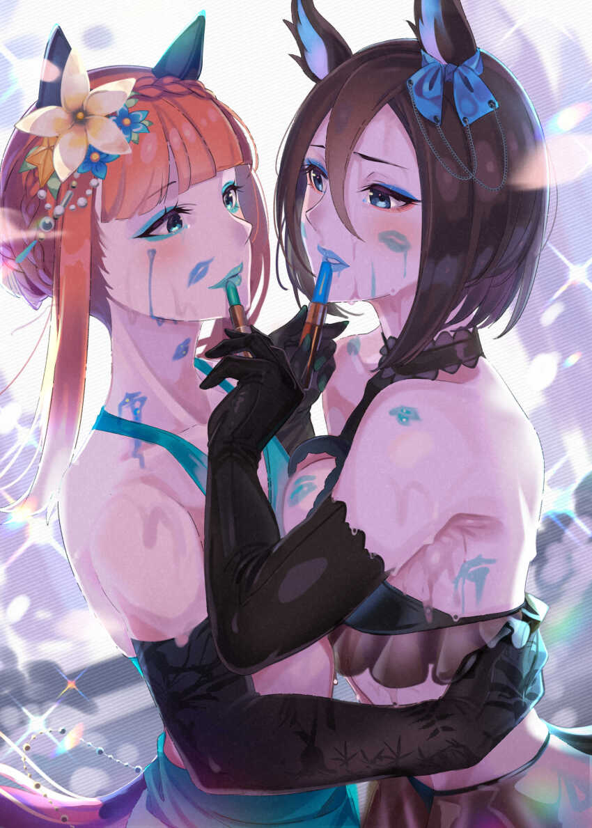 2girls absurdres air_groove_(umamusume) animal_ears black_choker blue_eyes blue_lips blunt_bangs blush bow breasts brown_hair choker cosmetics doushi_tatsu_to_dekkai_no ear_bow ear_chain ear_flower ear_ribbon elbow_gloves frilled_bikini_top gloves hair_between_eyes hairband highres hime_cut holding holding_lipstick_tube horse_ears horse_girl horse_tail large_breasts lips lipstick lipstick_mark lipstick_mark_on_neck lipstick_mark_on_shoulder lipstick_tube long_hair makeup multiple_girls open_mouth orange_hair sarong short_hair silence_suzuka_(umamusume) smeared_lipstick smile swimsuit tail tracen_swimsuit umamusume yuri