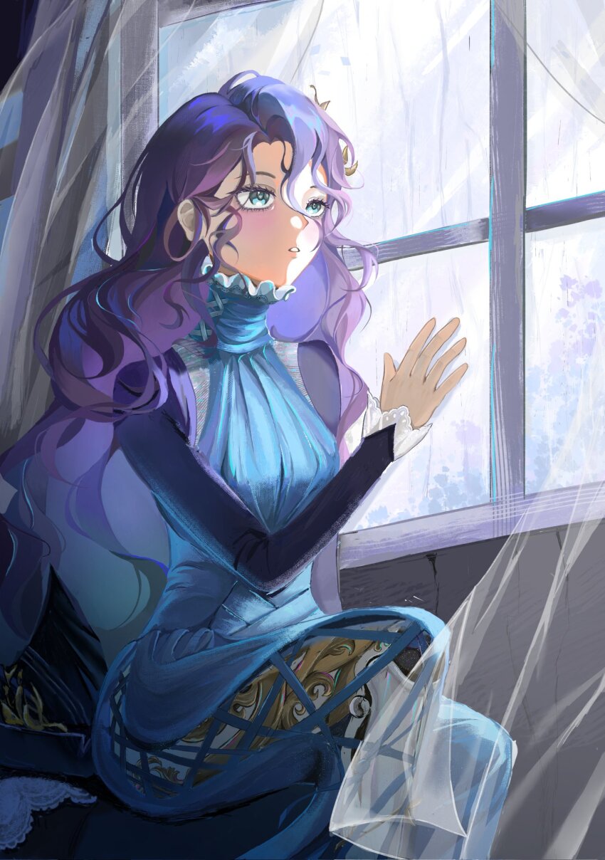 1girl black_sleeves blue_dress blue_eyes curtains dress feet_out_of_frame hand_on_window hand_up high_collar highres indoors long_dress long_hair long_sleeves looking_up parted_lips prosthesis prosthetic_leg purple_hair reverse:1999 see-through_curtains side_slit sitting solo water_on_glass wavy_hair willow_(reverse:1999) window yowl