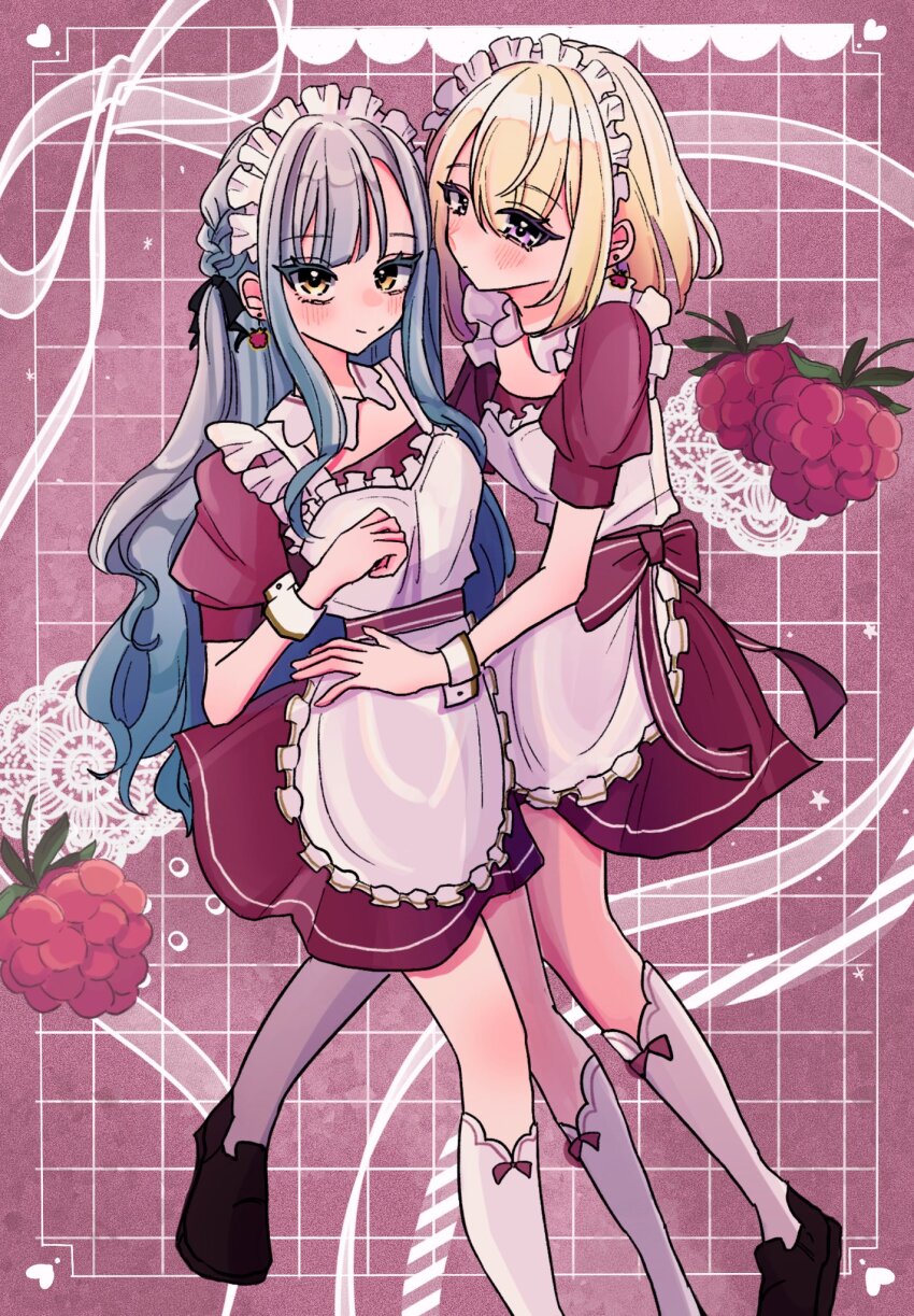 2girls apron bang_dream! bang_dream!_it&#039;s_mygo!!!!! black_shoes blonde_hair blue_hair blush closed_mouth commentary_request dress food fruit hand_on_another&#039;s_waist heart highres kneehighs long_hair maid maid_apron maid_headdress medium_hair misumi_uika multiple_girls nyako_(2446_ny) pink_background purple_eyes raspberry raspberry_earrings red_dress shoes short_sleeves smile socks togawa_sakiko two_side_up white_apron white_headdress white_socks wrist_cuffs yellow_eyes