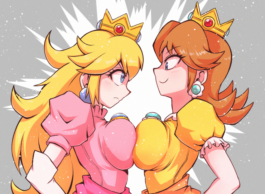 2girls asymmetrical_docking blonde_hair blue_eyes breast_press breasts brown_hair clash crown dress earrings face-to-face flower_earrings friends frown gem gloves jewelry kurachi_mizuki long_hair mario_(series) multiple_girls nintendo orange_dress pink_dress princess_daisy princess_peach puffy_short_sleeves puffy_sleeves short_hair short_sleeves sidelocks smug standing super_mario_bros._1 super_mario_land symmetrical_docking tomboy