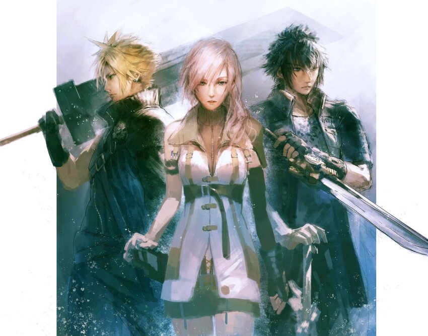 1girl 2boys armor asina71 black_gloves black_hair black_vest blonde_hair border breasts cloud_strife earrings fenrir_(final_fantasy) final_fantasy final_fantasy_vii final_fantasy_vii_advent_children final_fantasy_xiii final_fantasy_xv fingerless_gloves fusion_swords gloves hair_between_eyes hair_over_shoulder highres holding holding_sword holding_weapon jewelry lightning_farron long_hair medium_breasts multiple_boys noctis_lucis_caelum over_shoulder pauldrons pillarboxed pink_hair shirt short_hair shoulder_armor single_earring single_pauldron spiked_hair sword vest wavy_hair weapon weapon_over_shoulder white_border white_shirt