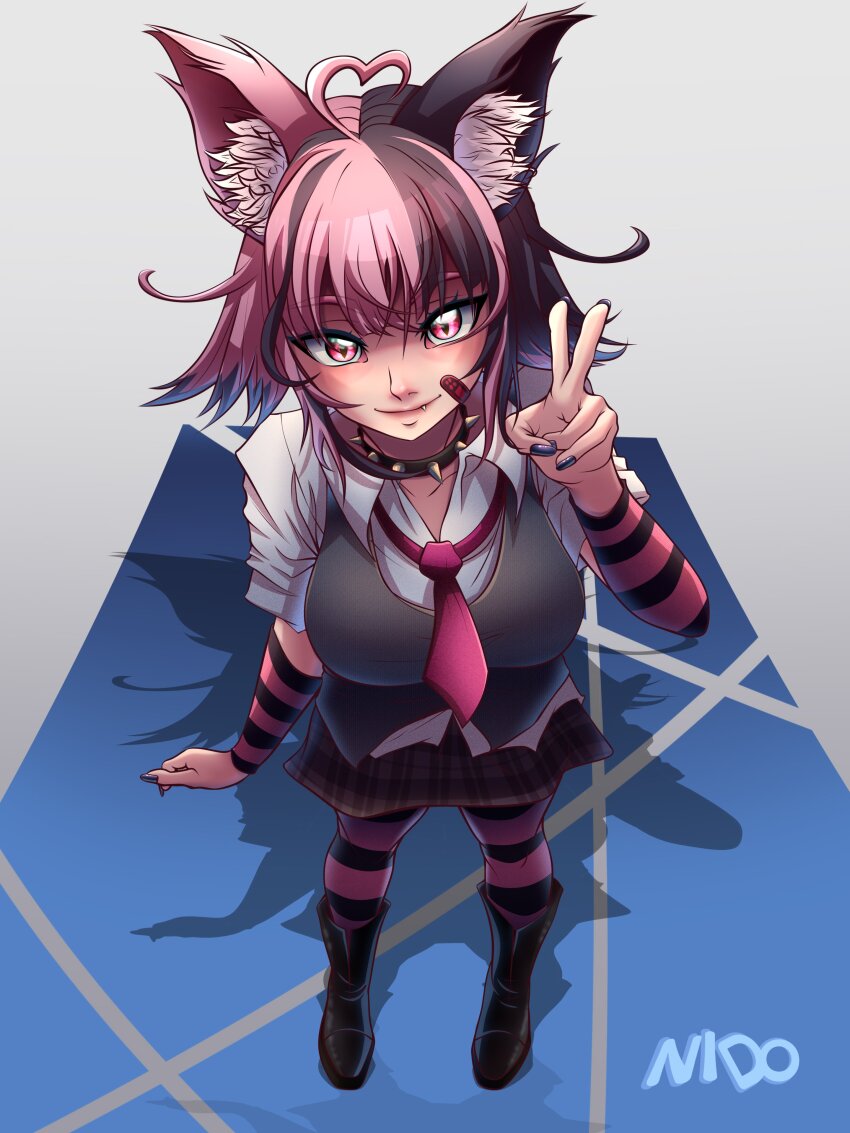 1girl absurdres affternido alternate_costume animal_ears arm_at_side artist_name black_boots black_collar black_hair black_sleeves black_thighhighs blue_background blue_nails boots breasts cat_ears cat_girl closed_mouth collar detached_sleeves eyebrows eyelashes fang female_focus fingernails from_above full_body gradient_background grey_background grey_skirt grey_sweater highres indie_virtual_youtuber large_breasts looking_at_viewer looking_up multicolored_hair nail_polish necktie nose pink_hair pink_sleeves purple_eyes purple_necktie purple_thighhighs school_uniform shirt short_sleeves simple_background skirt sleeveless sleeveless_sweater slit_pupils smile solo spiked_collar spikes split-color_hair standing striped_clothes striped_sleeves striped_thighhighs suwie_(vtuber) suwie_(vtuber)_(new) sweater thighhighs two-tone_background two-tone_hair two-tone_sleeves two-tone_thighhighs v virtual_youtuber water white_shirt