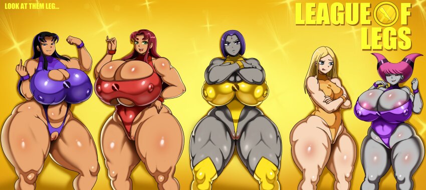 5girls absurdres areola_slip blackfire breasts cleavage cleavage_cutout clothing_cutout covered_erect_nipples curvy dc_comics gigantic_breasts highres huge_breasts jinx_(dc) large_areolae medium_breasts multiple_girls puffy_nipples raven_(dc) spandex starfire teen_titans terra_(dc) thick_thighs thighs vn_simp wide_hips